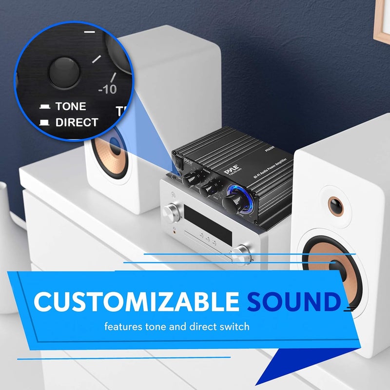 Pyle Home Mini Audio Amplifier - 60W Portable Dual Channel Surround Sound HiFi Stereo Receiver w/ 12V AC Adapter, AUX, MIC IN, Supports Smart Phone, iPhone, iPod, MP3 For 2-8ohm Speakers - PFA200 - Image 4